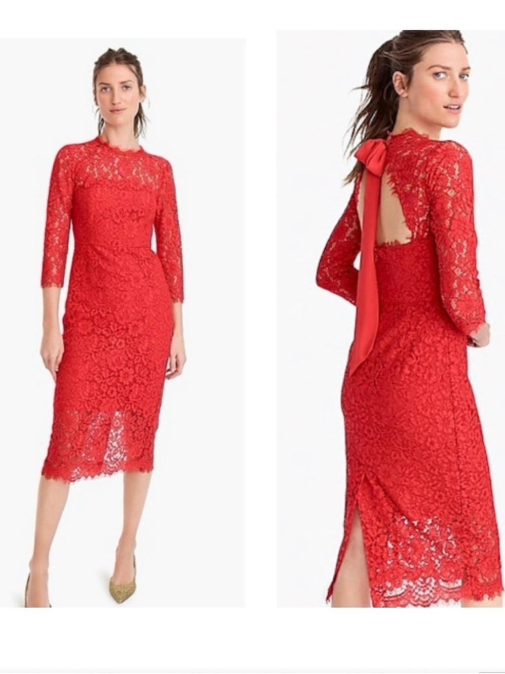J. Crew Red Lace Midi Dress with Bow-Back Detail
